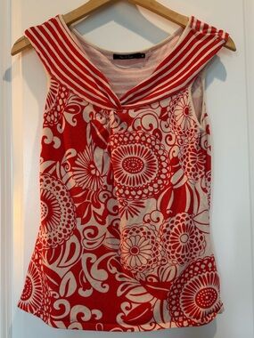 Nic + Zoe Red Floral Sleeveless Knit Top Sailor Collar Medium